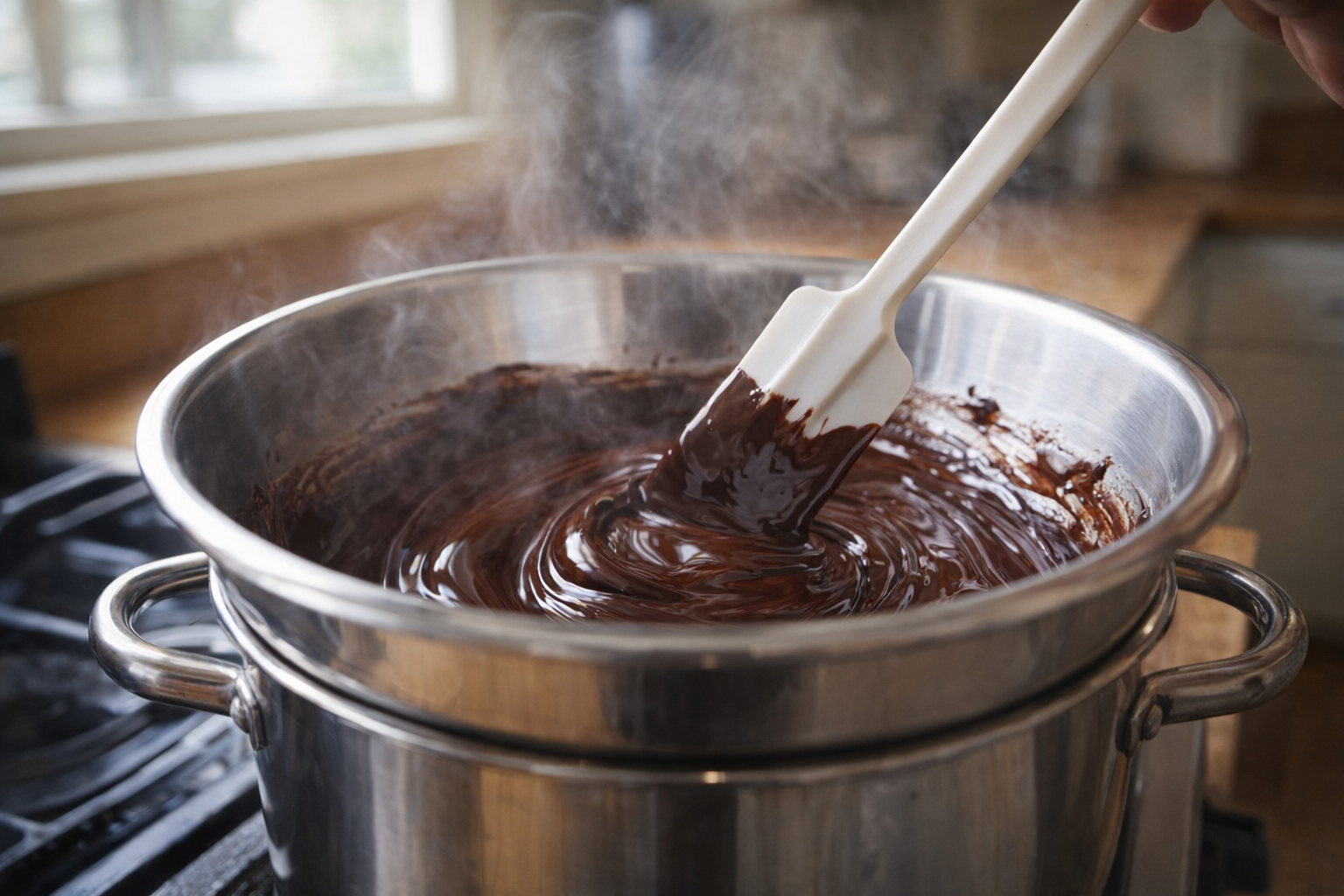 An eye-level shot of a stainless steel bowl of melting dark chocolate set over a simmering pot of water, steam rising, a spatula stirring the chocolate, bright kitchen light
